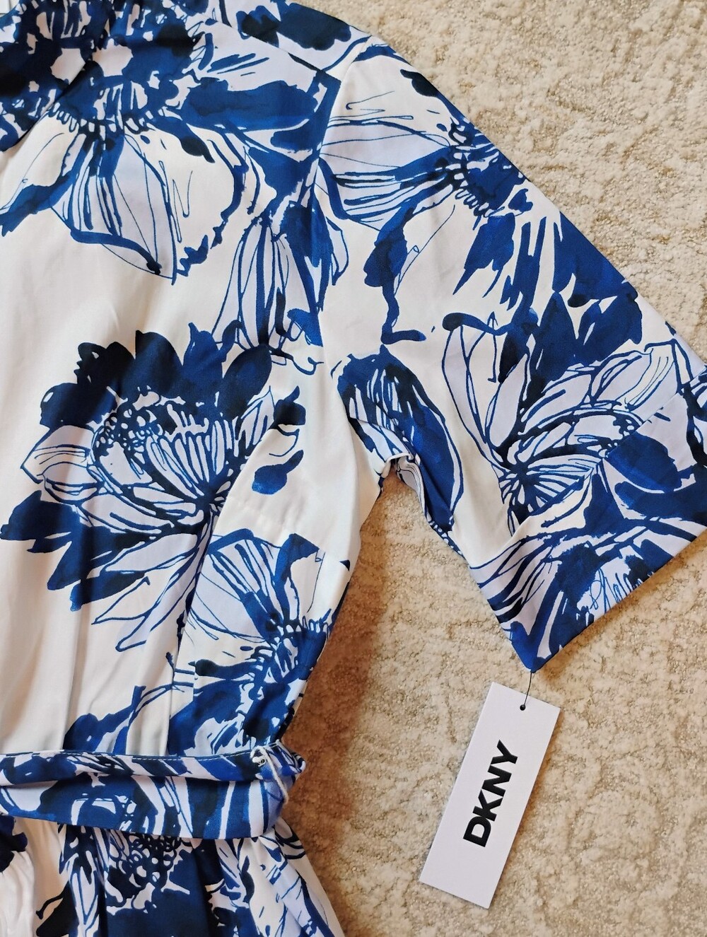 NWT 4 DKNY Blue And White Abstract Floral Short Sleeve Midi Shirt Dress NEW - Picture 5 of 10